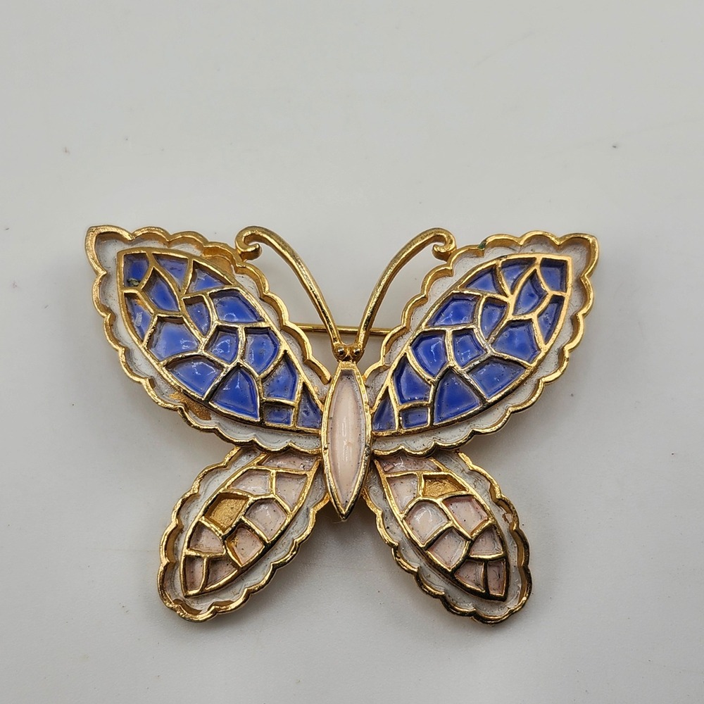 Vintage JJ Butterfly Brooch Gold Tone Blue White Enamel Insect Pin‎